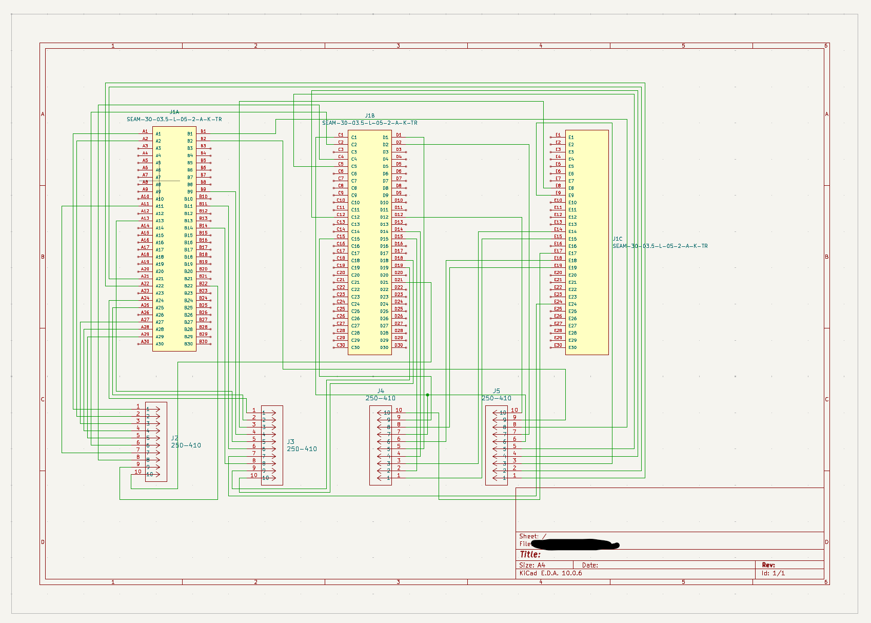 KiCad schematic showing the 150-position array connector split into three units, fanned out to four ten-way terminal connectors