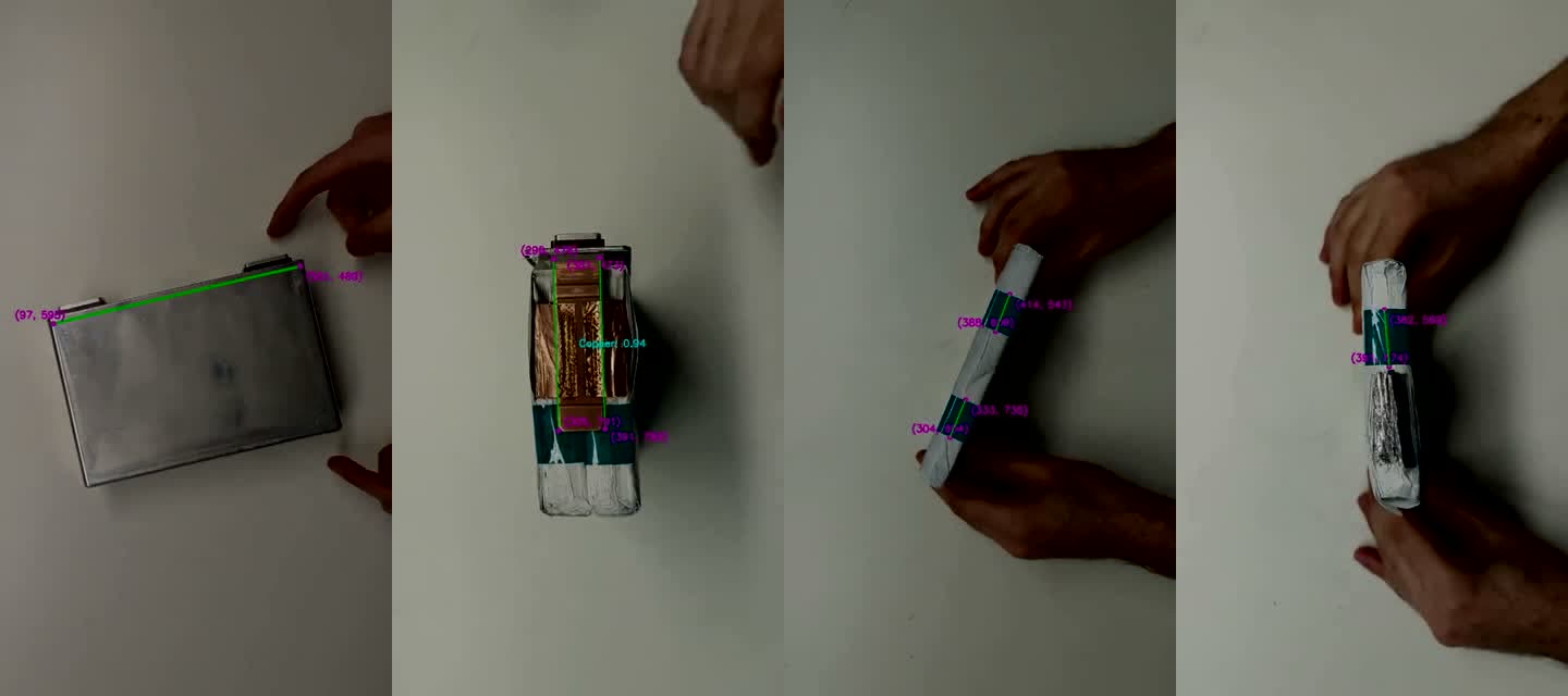 Four frames of live object detection drawing cutting lines on battery cells